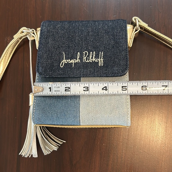 JOSEPH RIBKOFF Patchwork Denim & Metallic Gold Tassel Mini Crossbody Purse - Picture 14 of 15